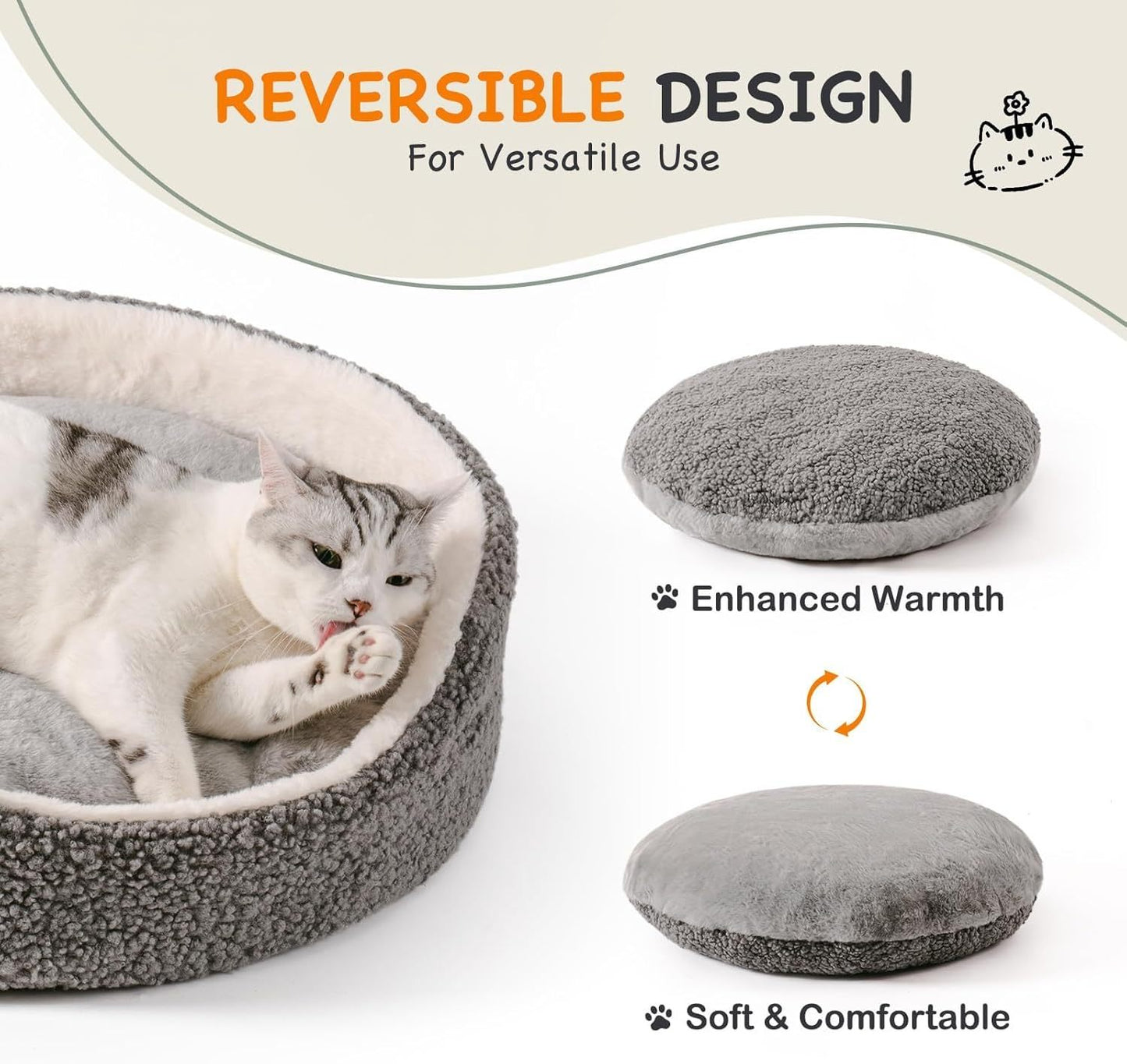 Mewoo Washable Pet Bed For Small Dogs & Cats - 23x23x7 Inch Orthopedic Dog Bed With Non-Slip Bottom, Plush Round Bed For Puppies & Indoor Kittens, Grey