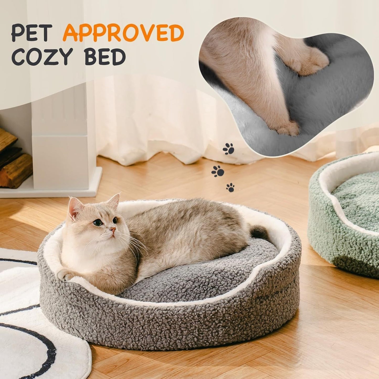 Mewoo Washable Pet Bed For Small Dogs & Cats - 23x23x7 Inch Orthopedic Dog Bed With Non-Slip Bottom, Plush Round Bed For Puppies & Indoor Kittens, Grey